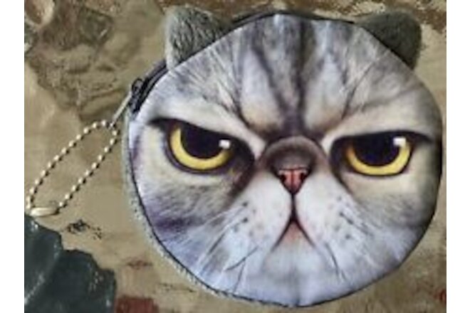 NWOT Silver Gray Tabby Cat Kitten w/ Big Eyes Change Coin Purse