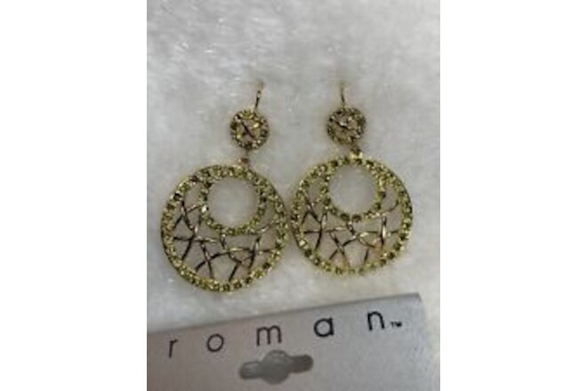 Vintage Dangle Rhinestone Pierced Earrings Gold Tone Roman Brand Green Pave