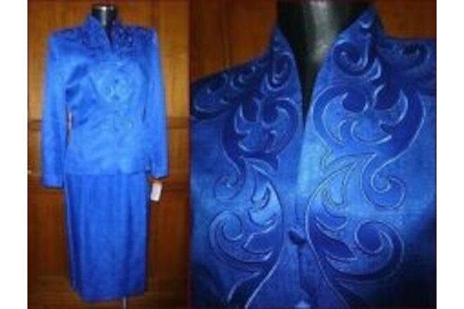 NwT Vintage ADRIANNA PAPELL Royal Blue 100% SILK dress Jacket Blazer Skirt SUIT