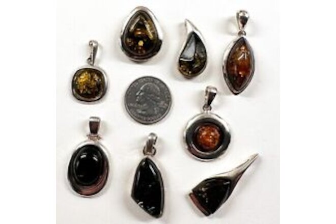 925 Solid Sterling Silver Baltic Amber Clean Shiny Quality Pendants Lot 50 g