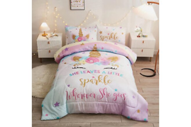 Twin Comforter Set for Girls, 5-Piece Bed in a Bag, 3D Colorful Unicorn Bedding