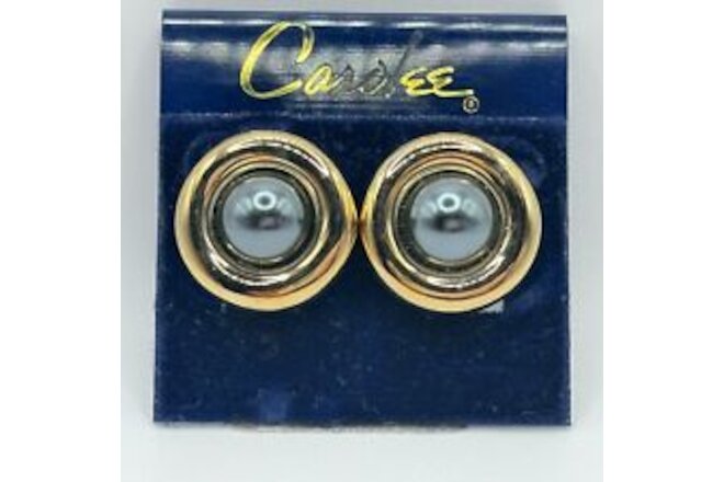 Vintage Carol Lee Faux Black Pearl Clip On Button Earrings Silver Tone Signed