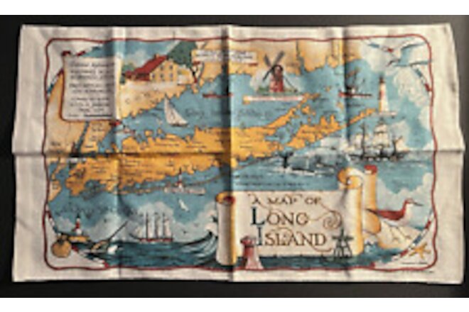 Vtg Linen Tea Towel  Long Island NY Map Kay Dee NWOT Richard Batchelder 28 x 16”