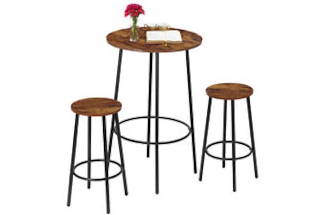 3 Piece Pub Dining Table Set Wooden Round Breakfast Tables w/2 Bar Chairs Stools