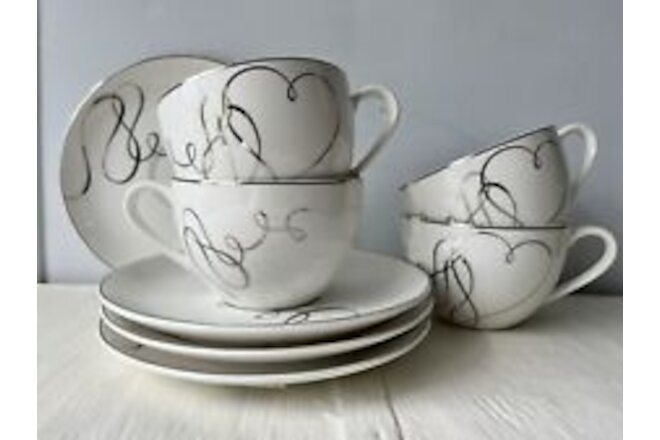 Set of 4 Mikasa "Love Story" Tea Cups & Saucers - NWT Platinum Silver Hearts