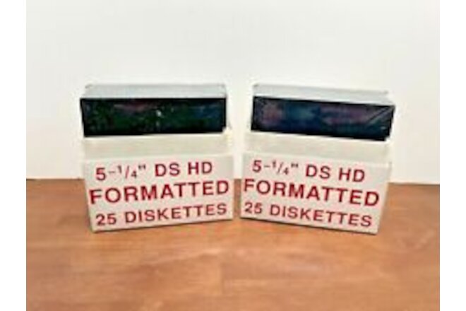 2 NOS packs of 25 Count 5 1/4" DS HD Formatted Computer Diskettes New Sealed