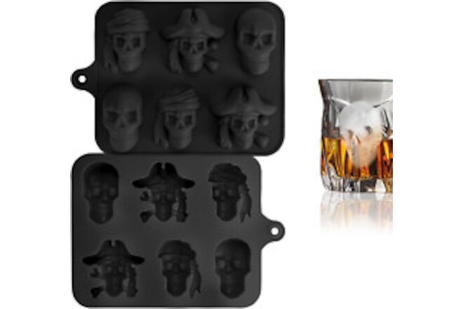 2 Pack Pirate Skull Ice Cube Mold, Silicone Ice Cube Tray for Halloween, Reusabl
