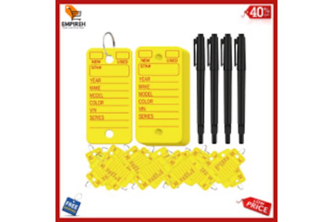 500 Pieces Yellow Dealership Key Tags Shop Labels Blank with Rings & 4 Pcs Pens