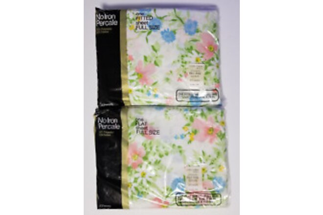 Vintage NOS 60s 70s JC Penney Floral Full Size Flat & Fitted Sheet Set NWT