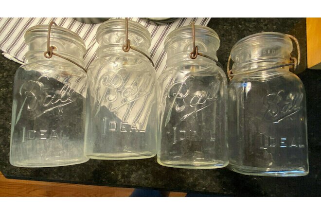 (4) Vintage Ball Ideal Clear Glass Canning Jar Quart with Glass Lid & Wire Bail