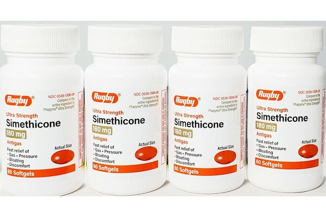 Rugby Simethicone Gas Relief 180mg (Compare to Phazyme) 60ct -4 pack-Exp 08-2022