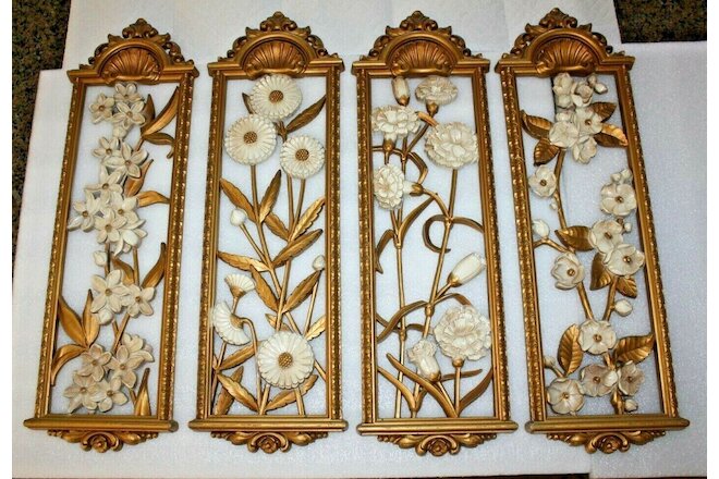 4 Vintage MCM 22" X 6 1/2" SYROCO 1974 Floral Wall Hangings Plaques Gold & Cream