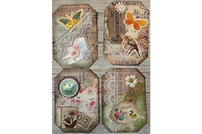 4 Handmade Embellishments Tags Junk Journal Ephemera Cards Birds Lace Clusters