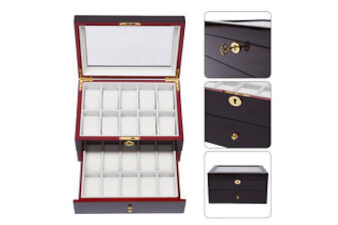 20 Slots Watch Display Case Ebony Wood Organizer Top Glass Jewelry Box Storage