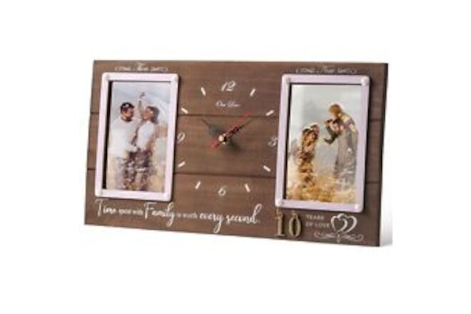 Anniversary Wooden Clock with Dual Photo Frame, Personalized 1-99 Years Weddi...