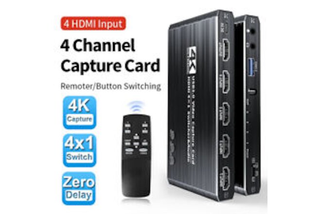 4 Port 4K Video Capture Card Audio USB 3.0 HDMI-compatible 4X1 Switcher Remote