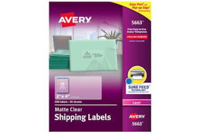 Matte Clear Shipping Labels, Sure Feed Technology, Laser, 2" x 4", 500 Lab