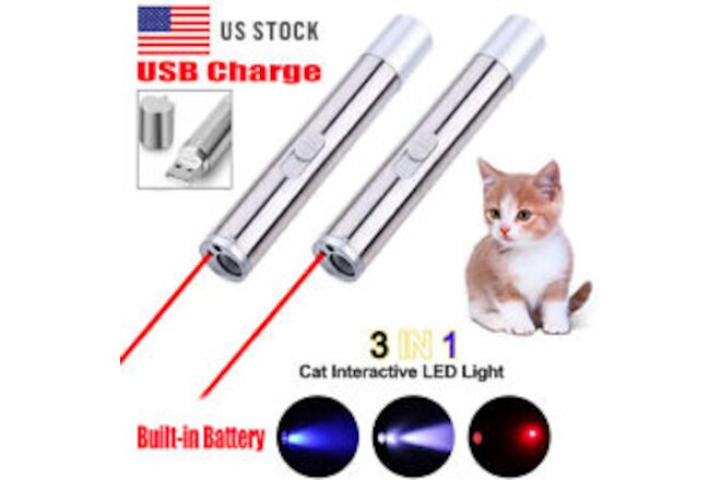 2PCS USB RECHARGEABLE SUPER LASER POINTER PEN 3in1 Cat Pet Toy Red UV Flashlight