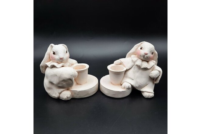 Vintage Set of 2 Shayne McCarter Bunny Rabbit Figurine Candle Holders Easter