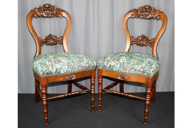 Pair of rose carved balloon side chairs, Late Victorian, Mahogany, turned legs