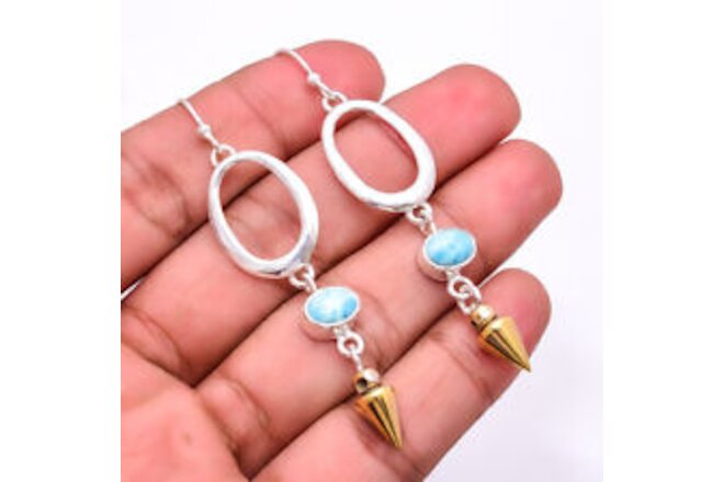 Natural Larimar 925 Sterling Silver Two Tone Arrow Head Earring 2.73" E_9283_31