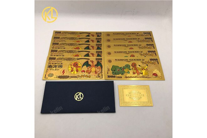 10pcs Japanese Pokemon Dinosaur cards Charmander 10000 Yen Gold Banknote
