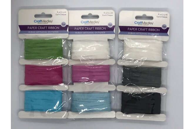 Paper Craft Ribbon Raffia Variety, 3 Packages, pink blue white black green grey