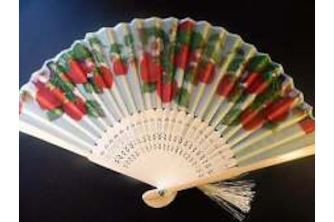 Strawberry Fan Fruit Berries Silk Nylon Handheld Fan Folding Hand Fan Handmade