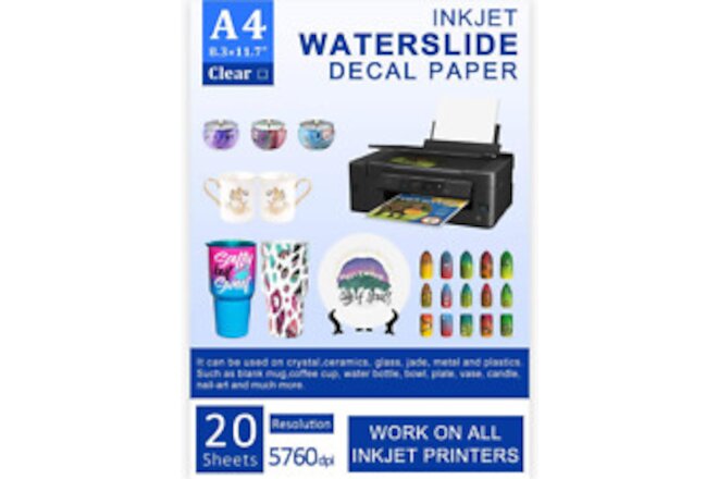Clear Inkjet Waterslide Decal Paper 8.3X11.7 Inch -20 Sheets A4 Size Premium Wat