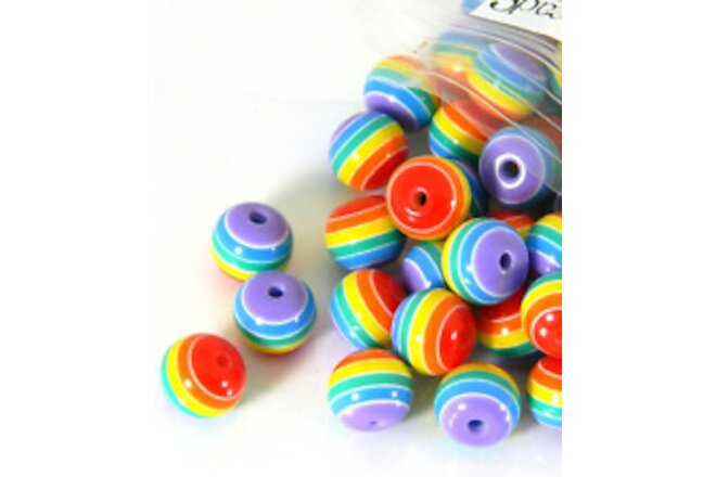 8 Rainbow Striped 10mm Round Plastic Acrylic Resin Beads with Opaque Stripes