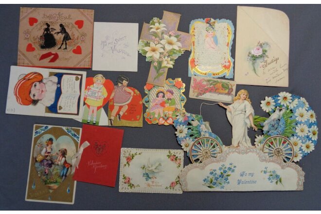 14 Piece Lot Antique Valentine Easter Cards Embossed Die Cut Victorian Art Deco