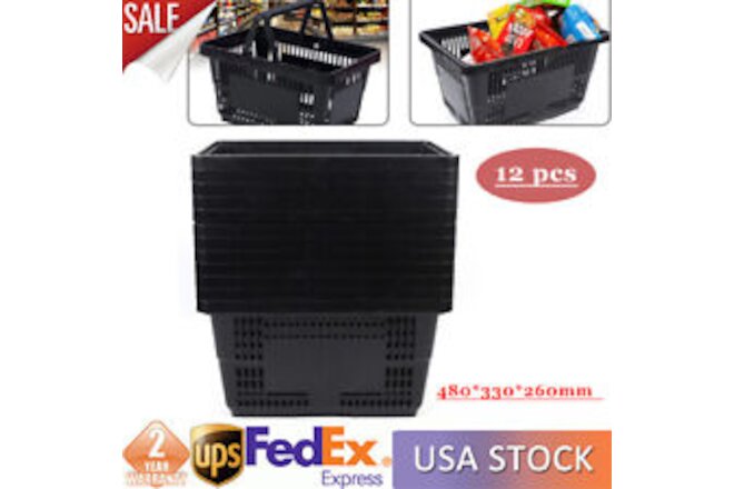 12 Pack Black Plastic Shopping Basket for Market Grocery Retail Store w/Handles