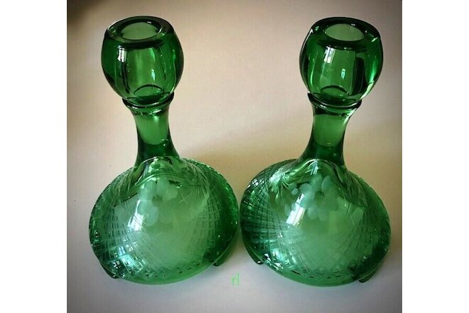 FOSTORIA #2297 PAIR OF GREEN  CANDLE HOLDERS with CUTTING