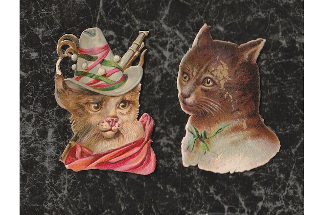 Lot 2 Small Victorian Embossed Die Cut Scraps Cats Heads One With Hat 2.25x1.5"