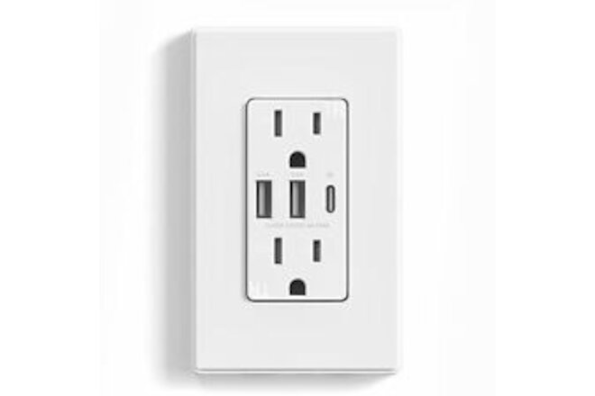 3-Port USB C Wall Outlet, 30W 6.0A Electrical Outlet, Tamper-Resistant with U...