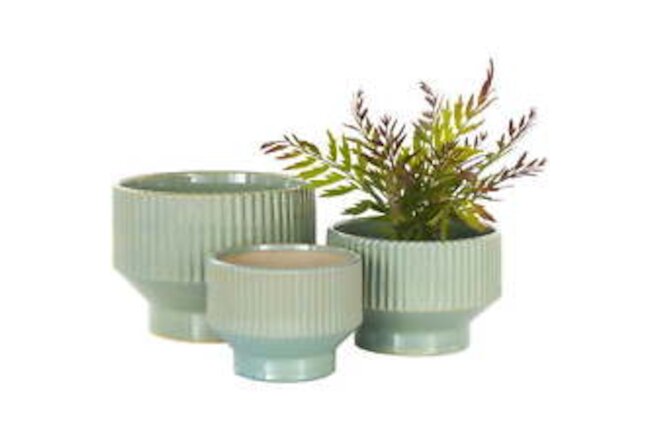 10", 8", 7"W Wide Green Ceramic Planter with Linear Grooves and Tapered Bases