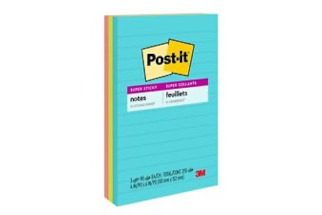 Post-it Super Sticky Notes, 4 in x 6 in, 3 Pads, 90 Sheets/Pad, 2x the Sticking