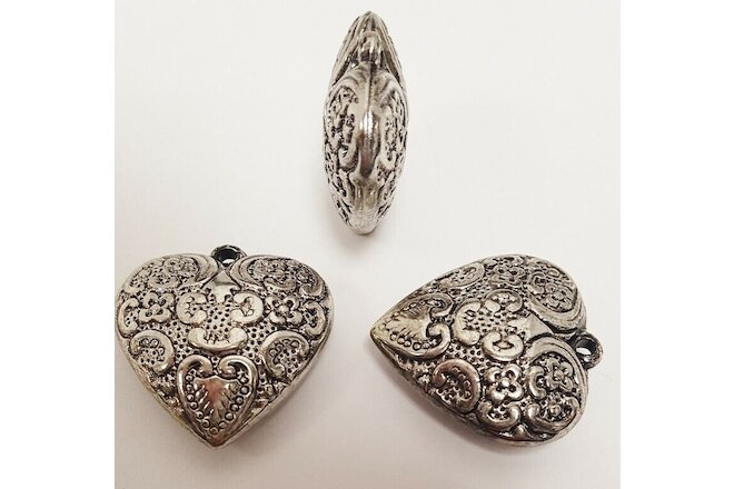 3 VINTAGE ANTIQUE SILVER HEART FLORAL SCROLL 31mm. ACRYLIC PUFFED PENDANTS 1586