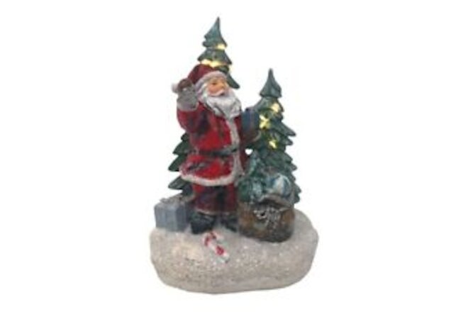 Hanna's Handiworks Snowy Pine Holiday Lighted Santa with Christmas Trees Tabl...