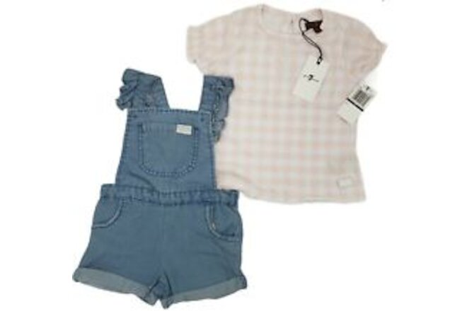 7 For All Mankind Girls 2T 2pc set Jeans Shortall Ruffle Overall Denim Pink Top