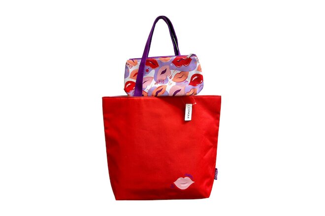 Clinique Matching Lip Kisses Design Set Red Tote & Makeup Bag Zipper Pouch