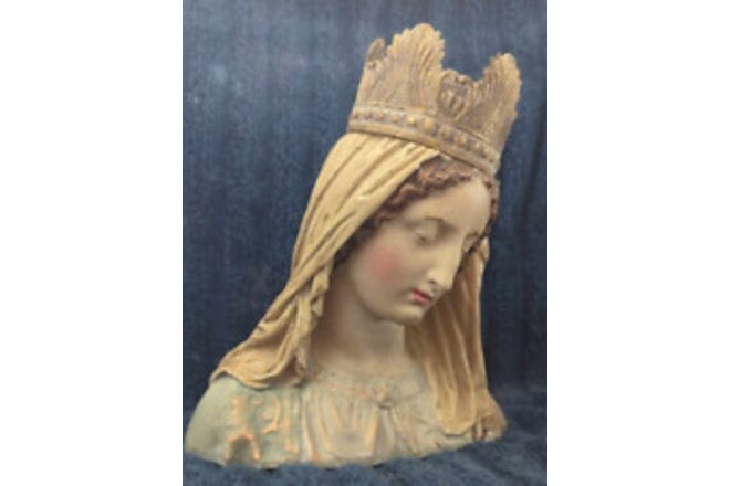 Virgin Mary Bust with Removable Crown Hand-Painted Magnesia Vintage Reproduction