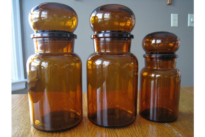 Set of 3 Vintage Amber Brown Apothecary Jars Bottles w/Bubble Top Lids