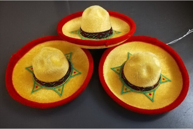 Somberro Yellow Red Brim 3 Mexican Hats w/ Straps for Dolls or Bears Bundle