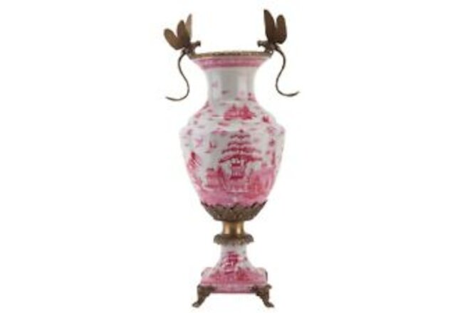 PORCELAIN WITH BRONZE ORMOLU DRAGONFLY PINK & WHITE VASE- 19"H