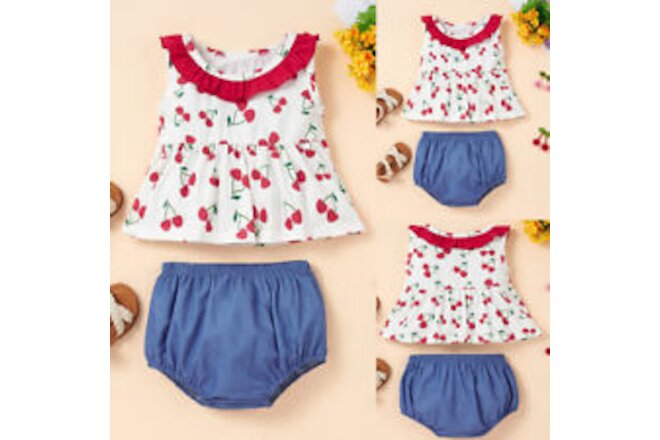 Baby Girls Floral Printed Crew Neck Vest Tank Tops Casual Briefs Crawl Suit Set