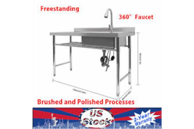 Commercial Kitchen Sink Prep Table+Faucet Compartment Stainless Steel Thickened!