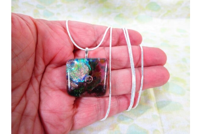 Handmade Freeform Dichroic Glass Pendant w/ Silver Plated Snake Chain 30" / C