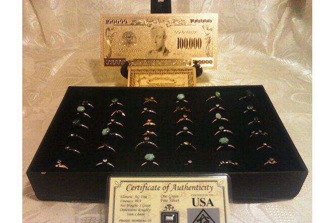 RING JEWELRY LOT  15 GOLD SILVER RINGS + GOLD US $100k Banknote! Mixed Sizes!