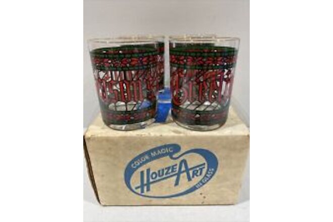4 Vintage Houze Art "SEASON'S GREETING" Old Fashioned Faux Stain Glasses NOS
